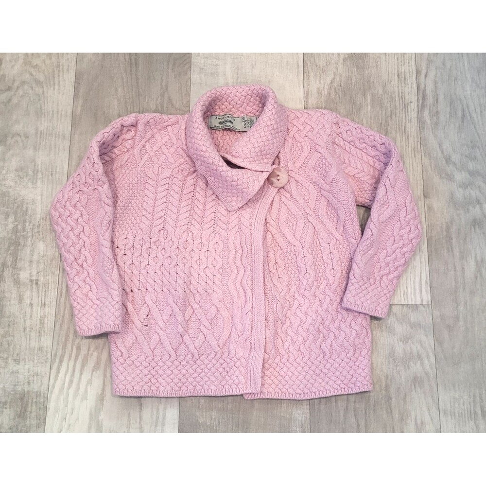 Aran Crafts 100% Merino Wool Pink Sweater Sz M Cable Knit Fisherman Made Ireland